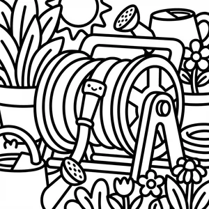 Smiling kawaii garden hose nozzle wrapped around a hose reel surrounded by garden flowers and watering pots.
