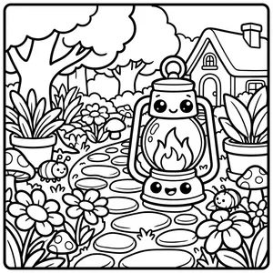 Cute smiling vintage garden lantern resting on a cobblestone path leading to a fairy cottage house.