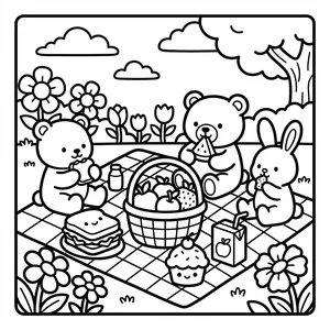Cute teddy bears and a bunny having a picnic on a checkered blanket in a flower garden with treats and juice.