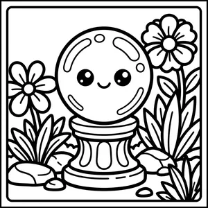 Cute smiling gazing globe sitting on an ornate stone pedestal surrounded by flowers and garden rocks.