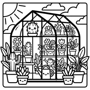 Cozy glass greenhouse filled with cute smiling potted cacti, succulents, house plants, and watering cans.