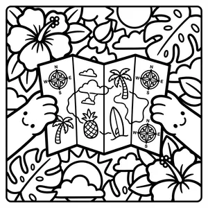 Two cute cartoon hands holding an open fold-out map featuring palm trees, a pineapple, clouds, and compass roses, against a tropical floral background.