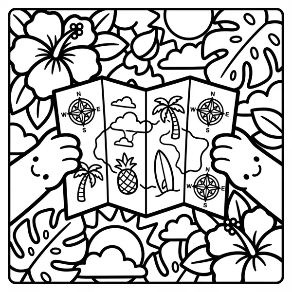 Two cute cartoon hands holding an open fold-out map featuring palm trees, a pineapple, clouds, and compass roses, against a tropical floral background.