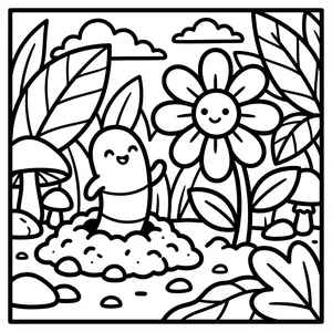 Cute smiling earthworm popping out of a soil mound next to a blooming flower and garden mushrooms.