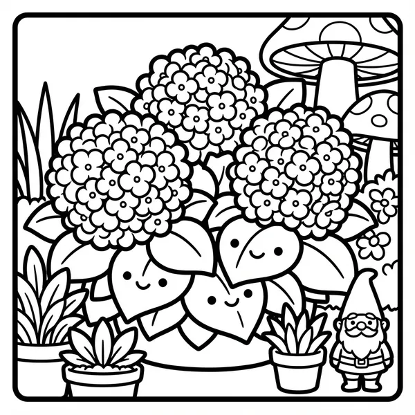 Big blooming hydrangea bush with smiling heart leaves next to a cute standing garden gnome and potted plants.