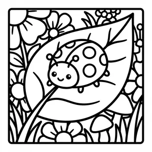 Cute smiling polka-dot ladybug resting on a giant garden leaf surrounded by blooming flowers.