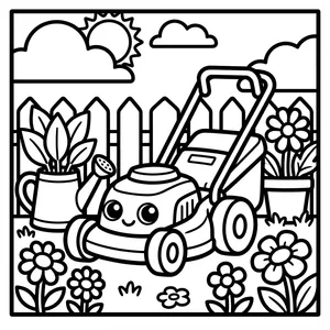Cute smiling lawn mower on grass with flowers, watering can, and picket fence.