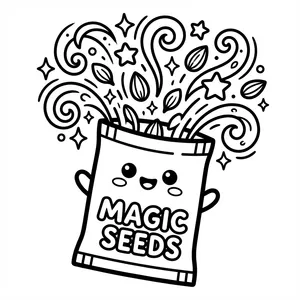 Cute seed packet character named Magic Seeds bursting with magical sparkles, stars, and growing seeds.