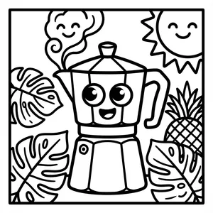 A cute Moka pot with large eyes and a happy smile, with smiling steam rising from the top, set amidst large monstera leaves and a smiling sun.