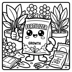 Cute plant fertilizer bag giving a thumbs up gesture next to flourishing potted houseplants and garden spades.