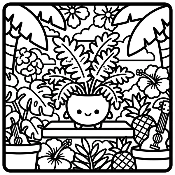 A cute potted plant with a smiling face sitting on a wooden bench, surrounded by clouds, palm leaves, pineapples, and a small ukulele.