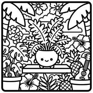 A cute potted plant with a smiling face sitting on a wooden bench, surrounded by clouds, palm leaves, pineapples, and a small ukulele.