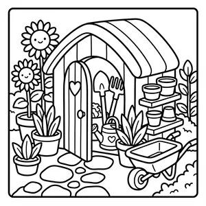 Charming wooden garden potting shed with open heart-cutout door, garden wheelbarrow, tools, and tall sunflowers.