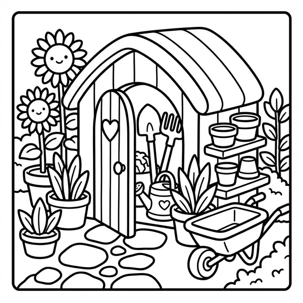 Charming wooden garden potting shed with open heart-cutout door, garden wheelbarrow, tools, and tall sunflowers.