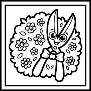 Cute pruning shears garden scissors character with bow tie and big smiling eyes surrounded by flowers.