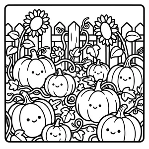 Group of cute smiling pumpkins growing on curling vines in front of a wooden garden fence.