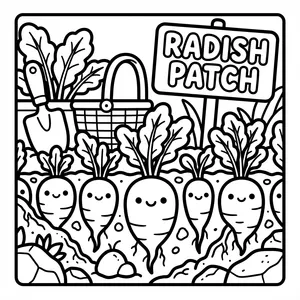 Cute smiling radishes in a vegetable garden bed next to a RADISH PATCH sign, trowel, and harvest basket.
