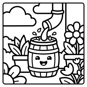 Cute smiling wooden rain barrel collecting rainwater from a gutter downspout next to garden flowers.