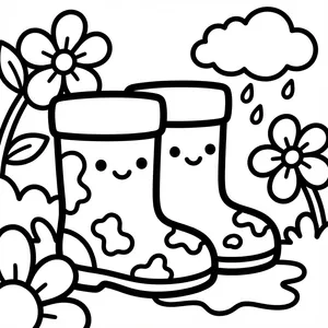 Cute smiling pair of garden rain boots splashing in a mud puddle next to blooming flowers and rain drops.
