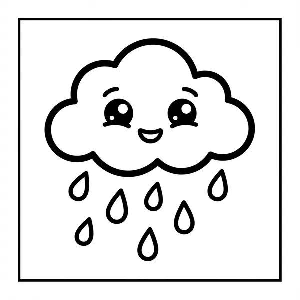A simple, round cloud with a sweet smile, big sparkling eyes, and tiny eyebrows, dropping multiple teardrop-shaped raindrops below it.