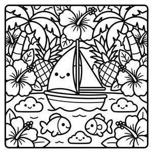 A sailboat on the water with a happy face on its sail, swimming fish, smiling clouds, and large palm trees on the horizon.