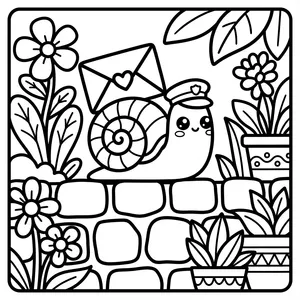Cute snail wearing a mailman cap carrying a heart letter on its shell along a garden stone wall with flowers.