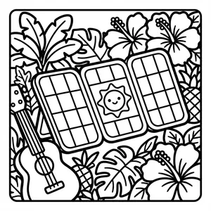 Three solar panels in a row with a cute smiling sun face in the center, surrounded by hibiscus flowers, pineapples, and acoustic guitars.