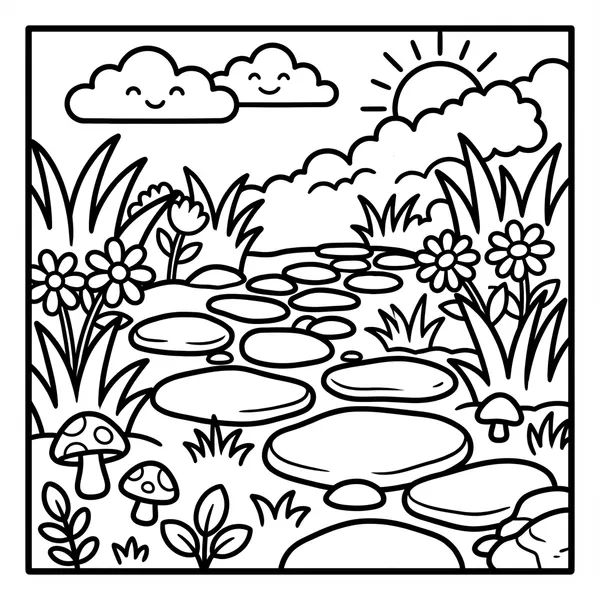 Charming winding stone path through lush grass, wild flowers, cute mushrooms, under a smiling sun and clouds.
