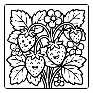 Cute strawberry plant with smiling ripe strawberries, blossoms, and lush green leaves.