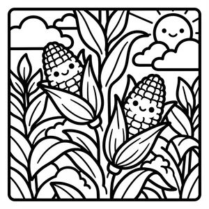 Cute smiling corn cobs peeking out from green husks on tall corn stalks under a smiling sun.