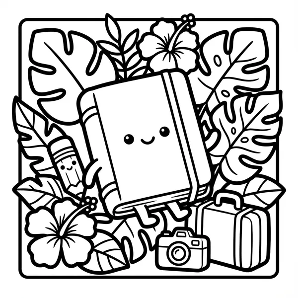 A happy notebook with a face standing on legs, holding a pencil, with a camera and a travel suitcase next to it, surrounded by large tropical leaves.