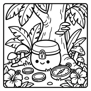 A round treasure chest with a padlock and a cute smiling face, surrounded by gold coins, a compass, mushrooms, and tropical leaves.