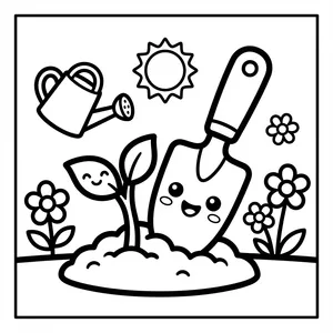 Smiling garden trowel shovel next to a happy potted seedling sprout with a watering can in the air.