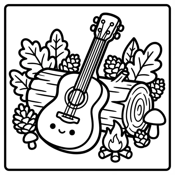 A smiling acoustic guitar (ukulele) resting on a log next to a small campfire, surrounded by pine cones, leaves, and mushrooms.