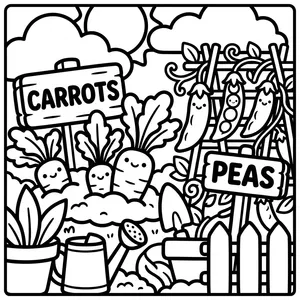 Cute vegetable garden with smiling carrots in dirt bed and happy pea pods on trellis fence.