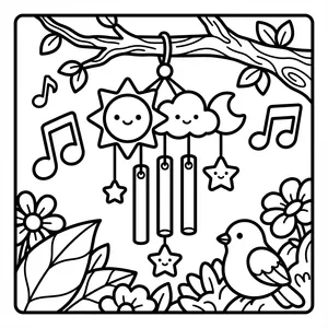 Cute garden wind chime with smiling sun and cloud chimes hanging from a tree with a songbird singing.