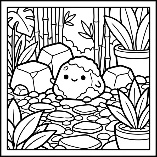 Cute smiling garden rock with moss sitting on a pebble path in a tranquil bamboo garden with house plants.