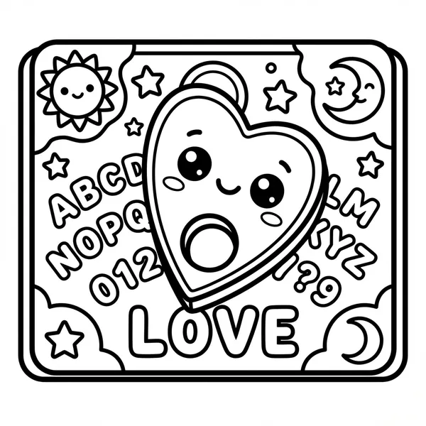 A smiling heart planchette with letters and numbers.