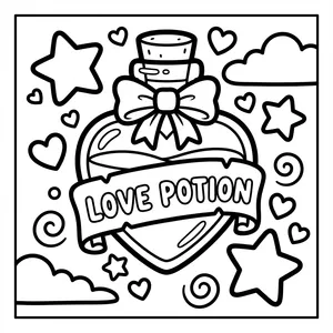 Love potion bottle with a banner.