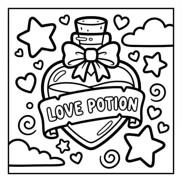 Love potion bottle with a banner.