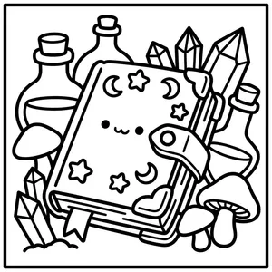 Magic spellbook surrounded by crystals and mushrooms.