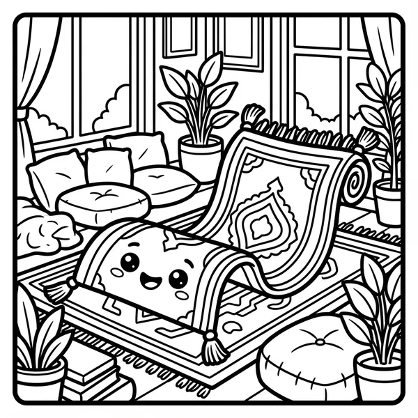A smiling magic carpet unrolled on cozy floor.