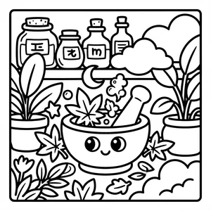Smiling mortar and pestle with herbs.