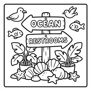 Cute wooden sign pointing to the ocean and restrooms.