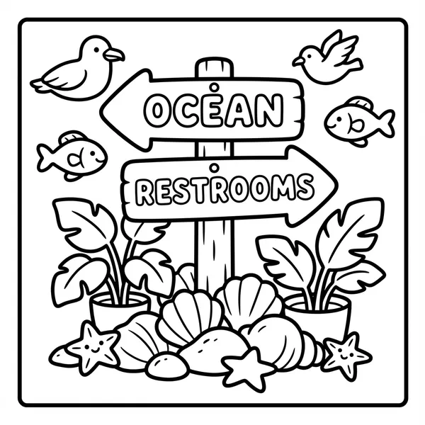 Cute wooden sign pointing to the ocean and restrooms.