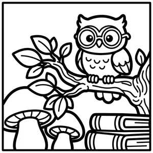 Owl with Glasses Coloring Page Wise owl wearing glasses on a branch.