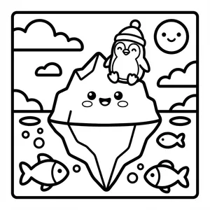 Cute penguin wearing a beanie sitting on a smiling iceberg.