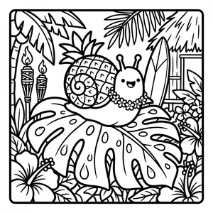 A cute snail with a large pineapple shell and a lei around its neck, crawling on a huge monstera leaf, surrounded by tiki torches and a surfboard.