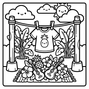 A t-shirt with a cute pineapple face hanging on a clothesline between two wooden posts, with the sun, clouds, potted plants, and guitars stacked below.