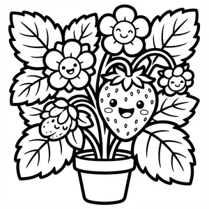 Cute potted strawberry plant with smiling strawberries, blooming flowers, and lush green leaves line art coloring page.
